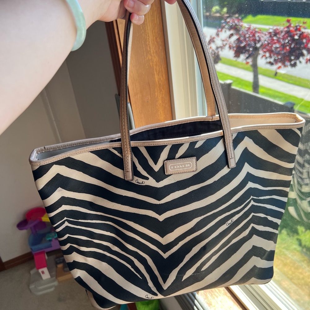 Coach Black and Cream Zebra-Print Tote with Leather Trim